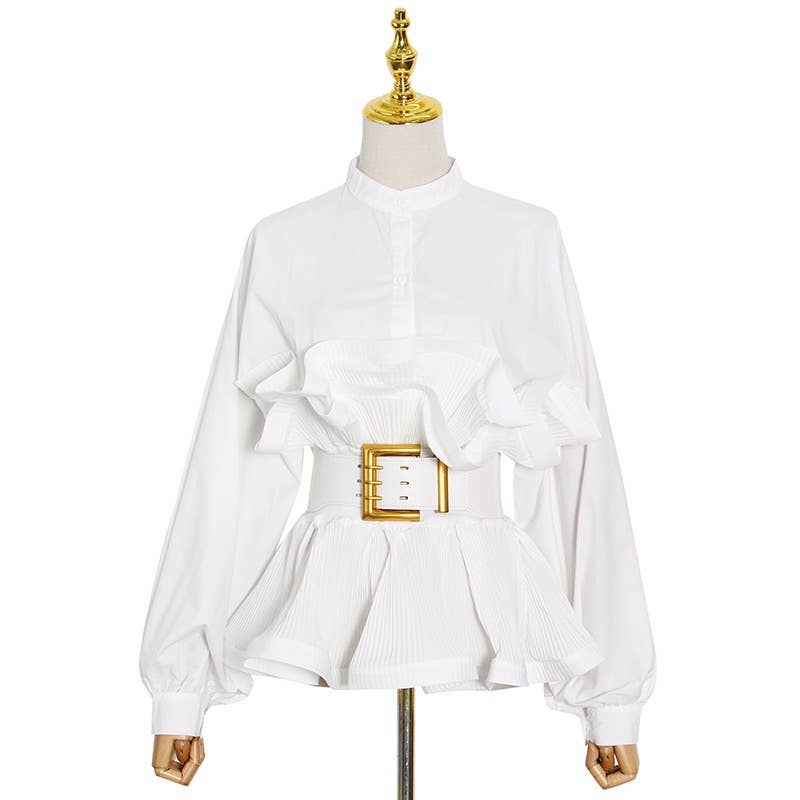 Productseeker - Wholesale Blouse - Women's - TP014 Spring Ruffle Belted Top - Elegance Redefined0