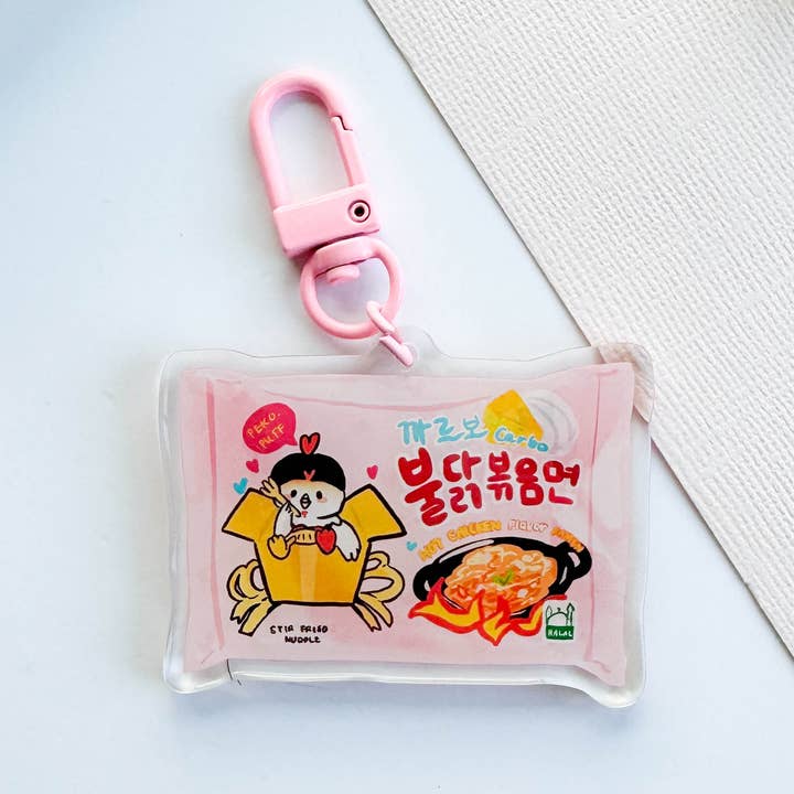 Buldak Pink Ramen Carbonara Fire Noodles Acrylic Keychain for wholesale by PekoPuff