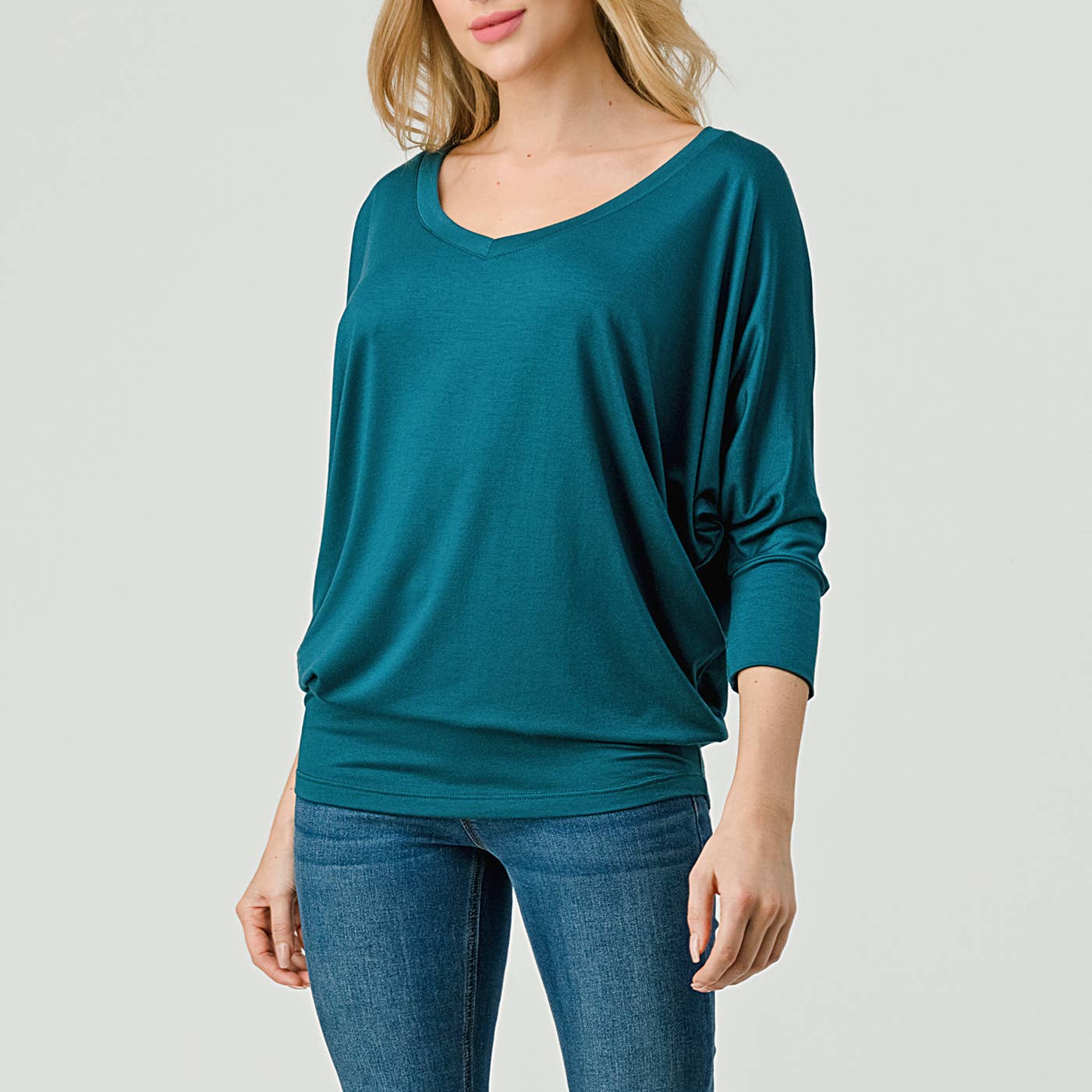 Heimious - Wholesale Knit Top - Women's - 3/4 Dolman Sleeve V-neck Modal Jersey Top, 257366