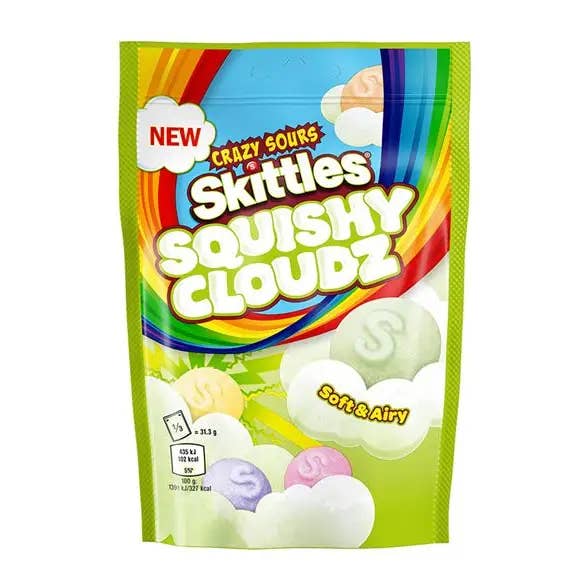 SKITTLES SQUISHY CLOUDZ CRAZY SOUR POUCH UK- 94GR case 18 for wholesale by Echo Sales America