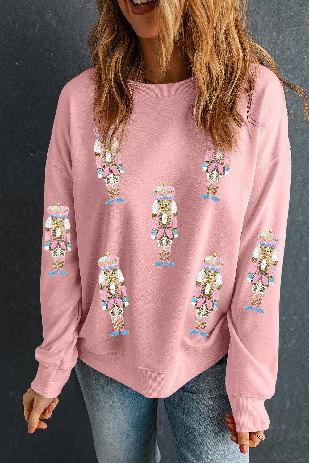 Pink Sequin Christmas Pullover Sweatshirt for wholesale on Faire2