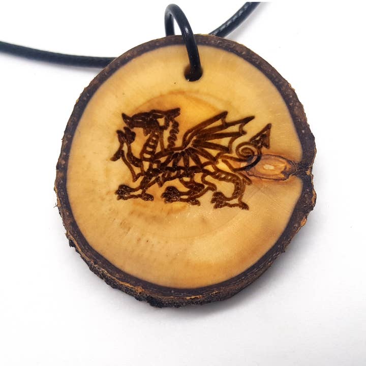 Welsh Dragon Wooden Pendant Necklace, Natural Wood Round for wholesale by Lyoncraft