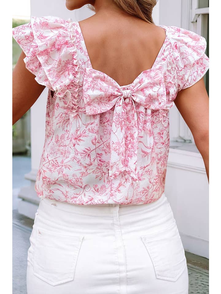 Little Daisy Closet - Wholesale Blouse - Women's - LDC Floral Ruffled Short Sleeve Square Neck Bow Back Blouse