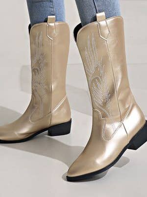 Embroidered Point Toe Block Heel Boots for wholesale by Beyond Apparel