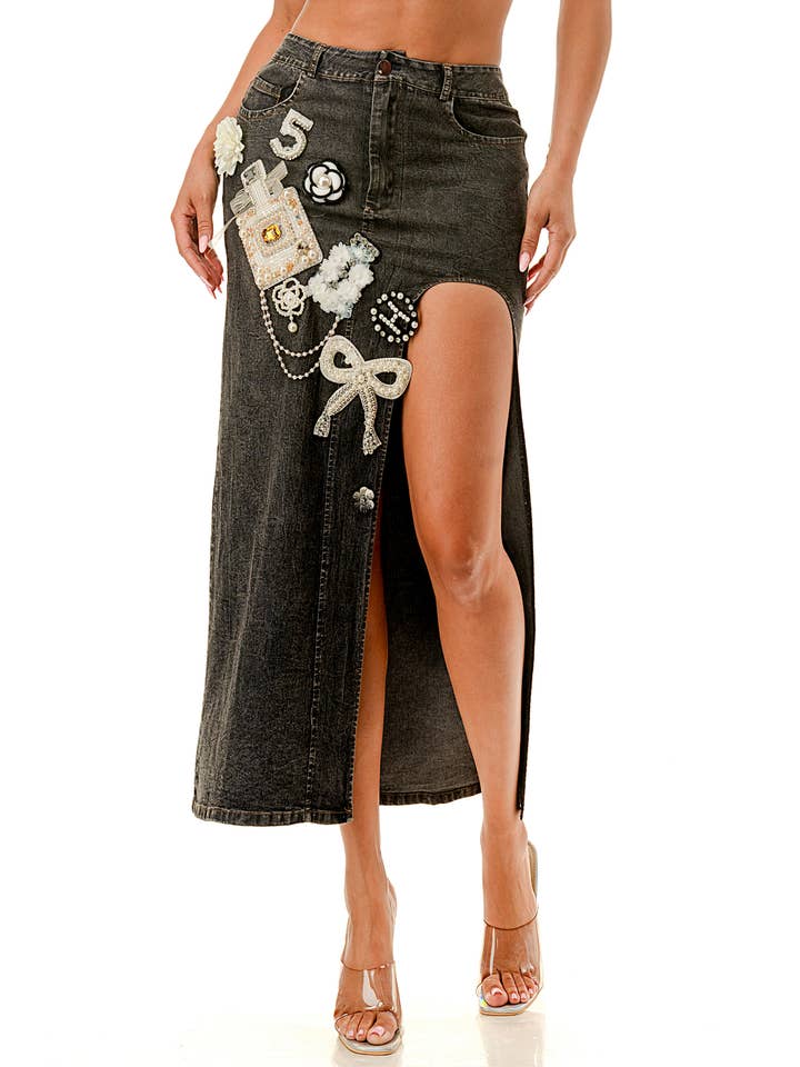 SALT – Großhandel Rock – Damen – (SK3967) No.5 verziertes Jeans-Midirock in 3 Farben3