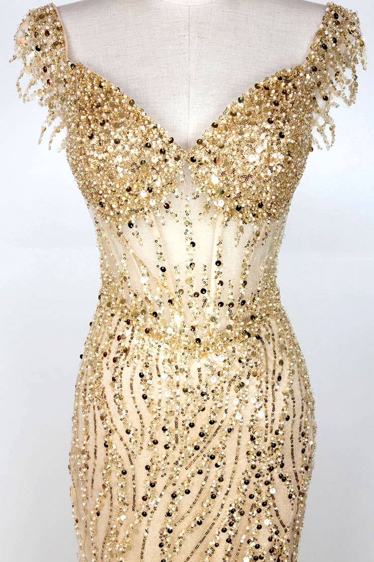 Chicas - Wholesale Gown - Women's - Off the Shoulder Sequin and Bead Long Dress C33116