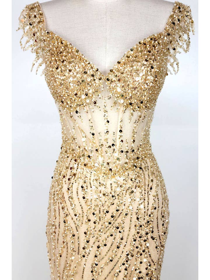 Chicas - Wholesale Gown - Women's - Off the Shoulder Sequin and Bead Long Dress C33116