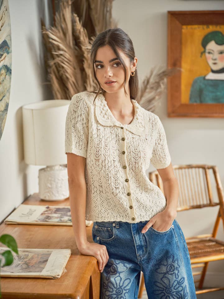 AJT5979 COLLARED SHORT SLEEVE OPEN CARDIGAN for wholesale by Aaron & Amber