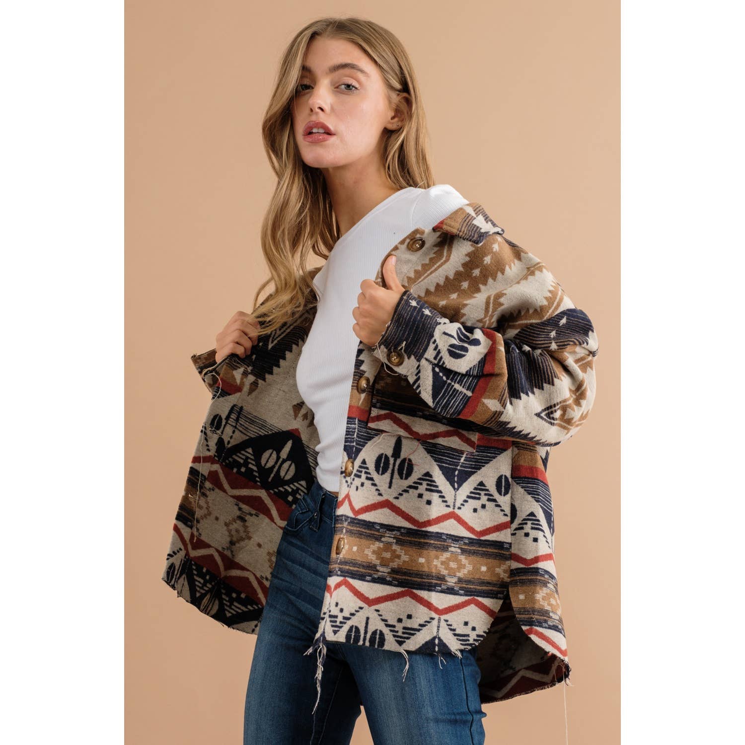 Sweet Generis – wholesale Shirt Jacket/Shacket - Women’s – TRIBAL AZTEC PATTERN BUTTON DOWN SHIRT JACKET11