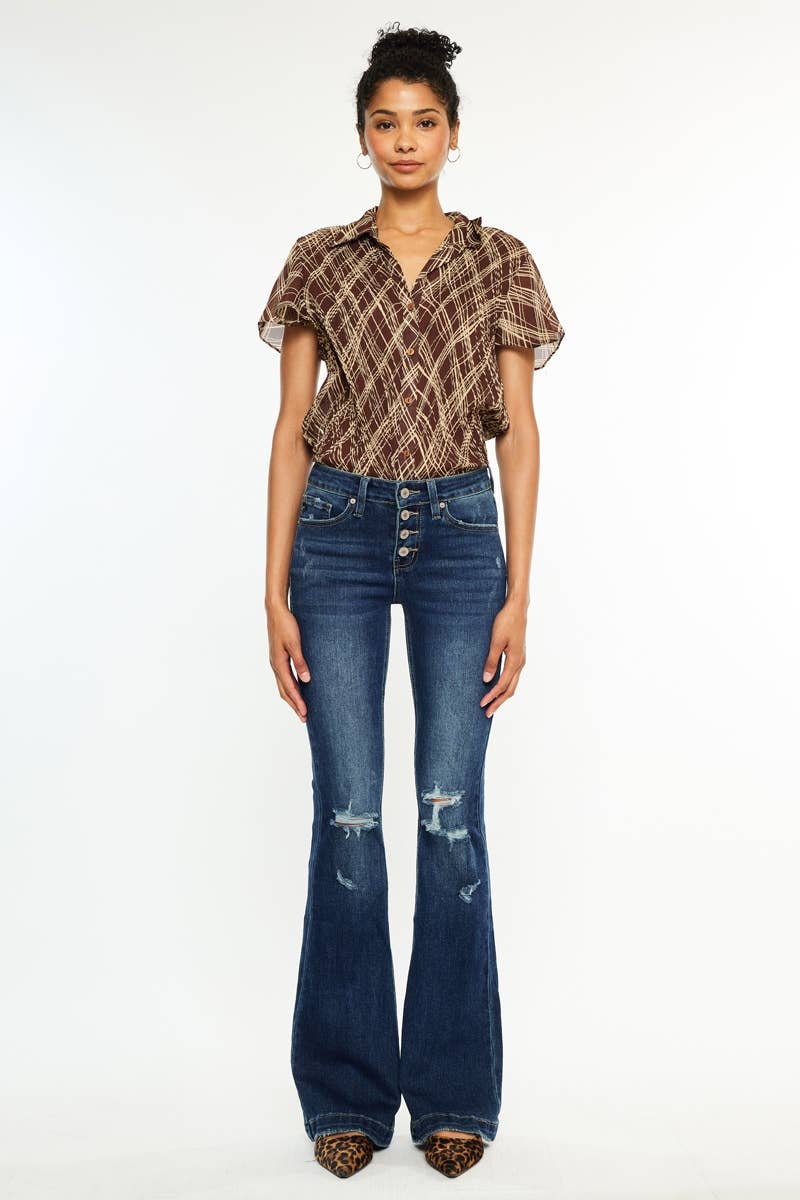 DARK OPEN PACK MID RISE BUTTON UP DISTRESS FLARE JEANS-KC6327FD for wholesale on Faire5