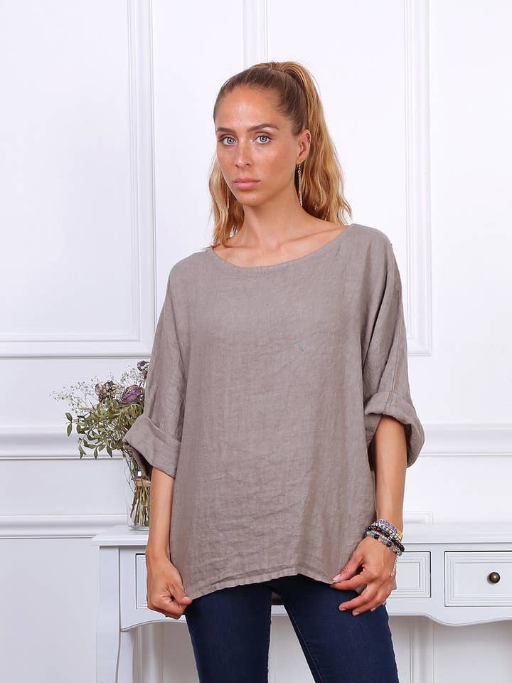 Uni Linen Top with 3/4 Sleeves for wholesale by Happy look