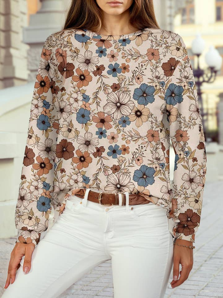 Khaki Floral Print Loose Crew Neck Long Sleeve T Shirt for wholesale on Faire