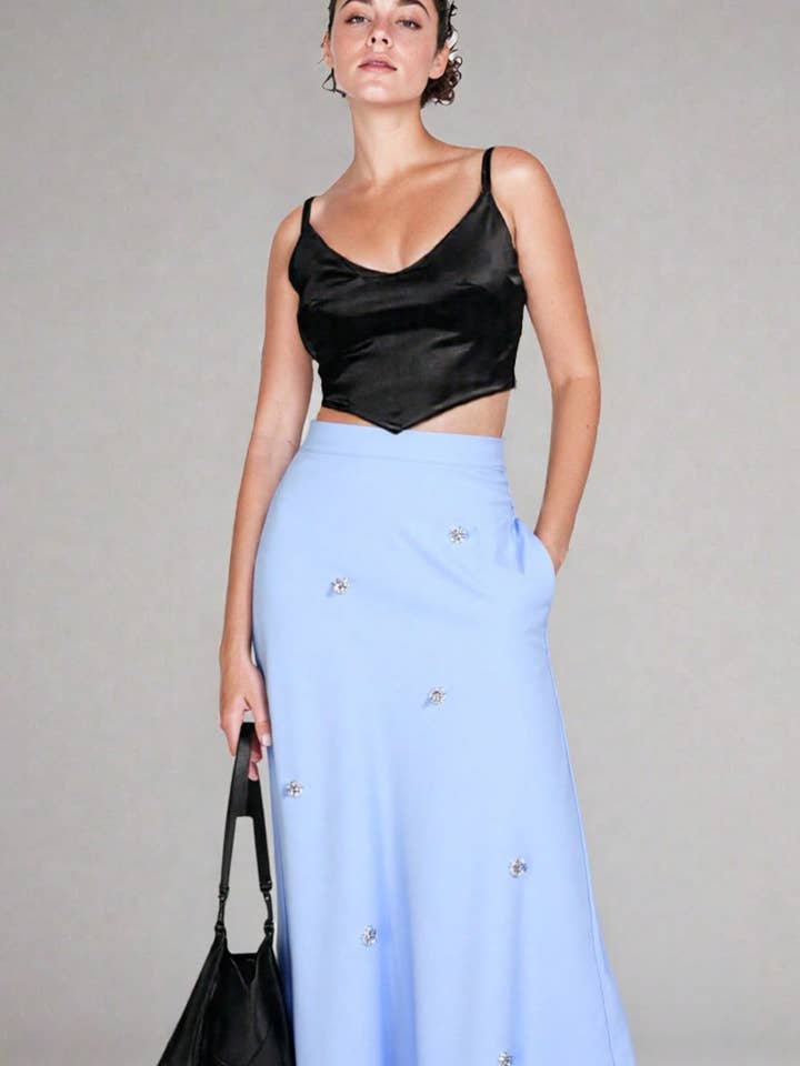 Falda midi de satén premium adornada para venta al por mayor de 1 Fashion