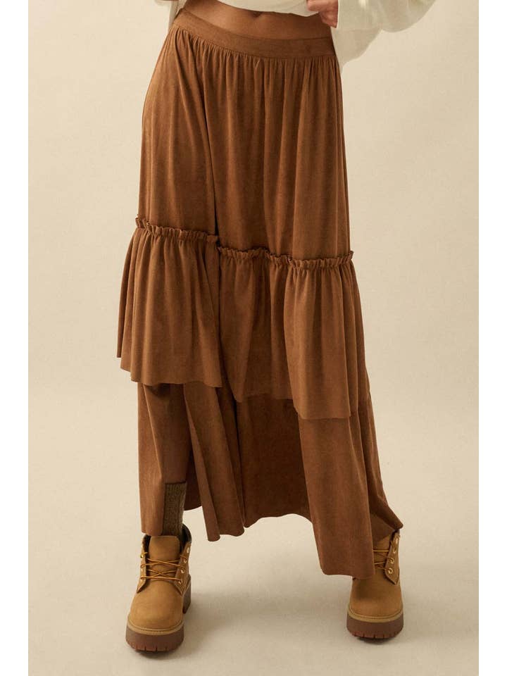Promesa USA - Wholesale Skirt - Women's - Faux Suede Raw-Edge Tiered Ruffle Maxi Skirt6