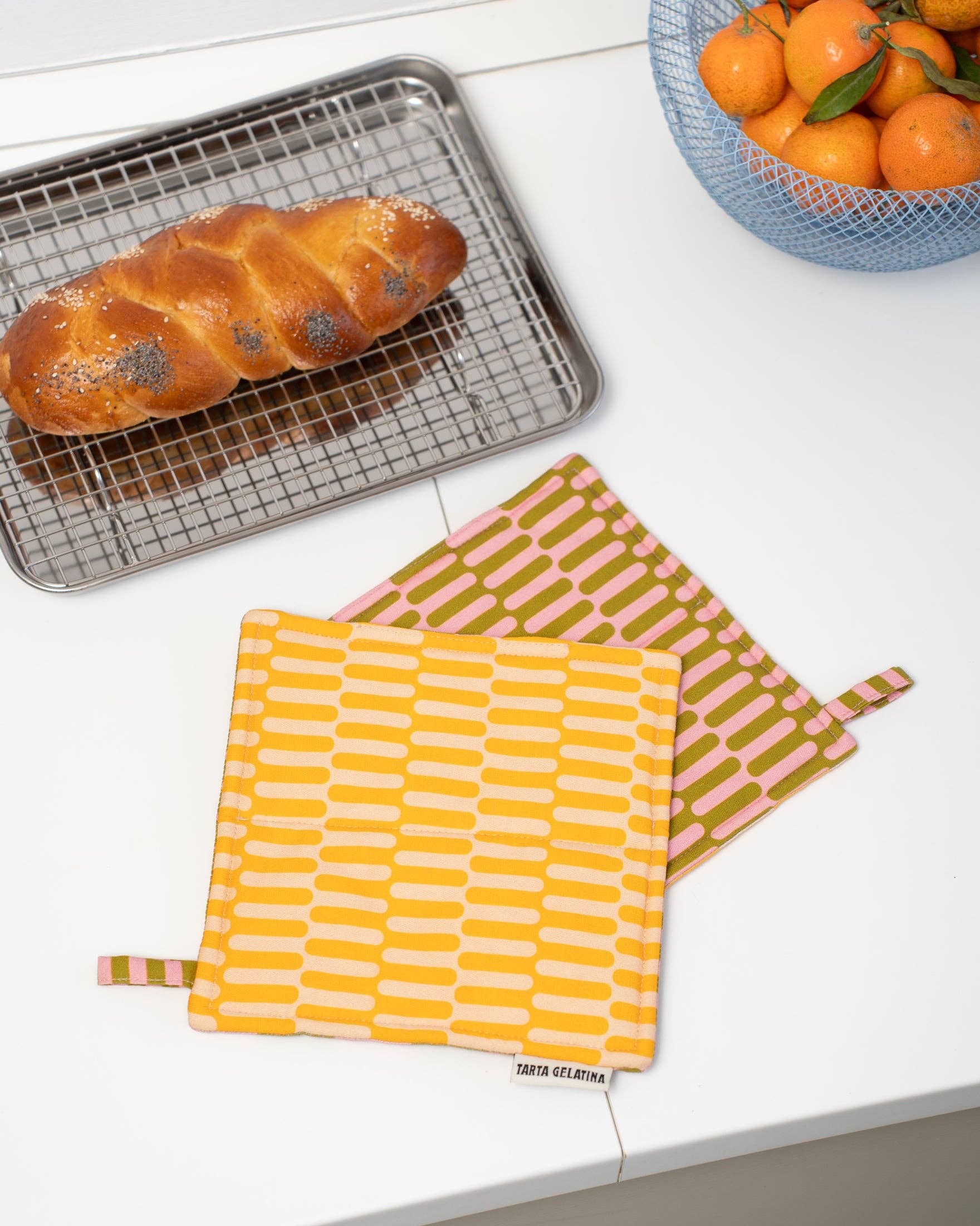 Tarta Gelatina – Großhandel Ofenhandschuh/Topfhalter – Topflappen aus Baumwolle, beidseitig mit unterschiedlicher Farbe, zum Aufhängen0