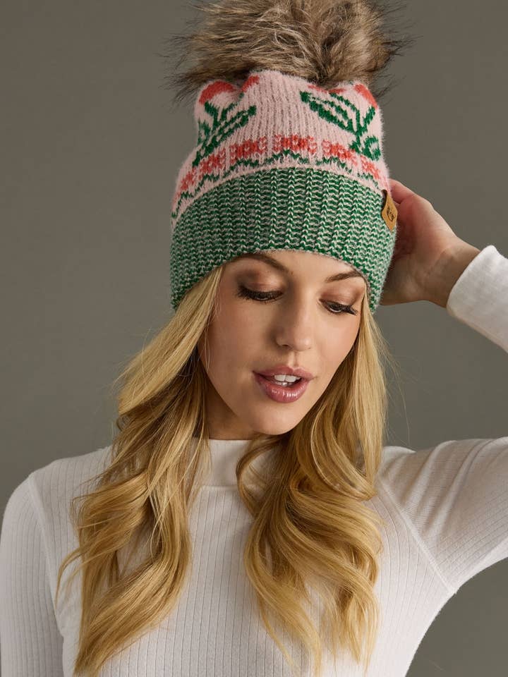 Lt. Pink Cherry Pattern Pom Hat for wholesale by Panache Apparel Co.