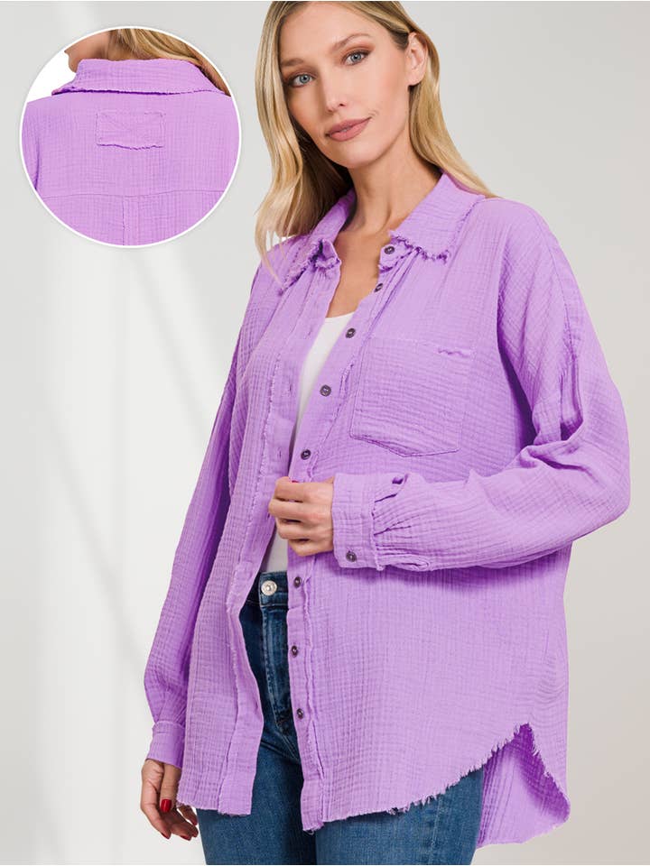42POPS - Wholesale Button Down Shirt - Women's - ,....SI-23630 Oversized Raw Edge Shirt W/ Back Patch