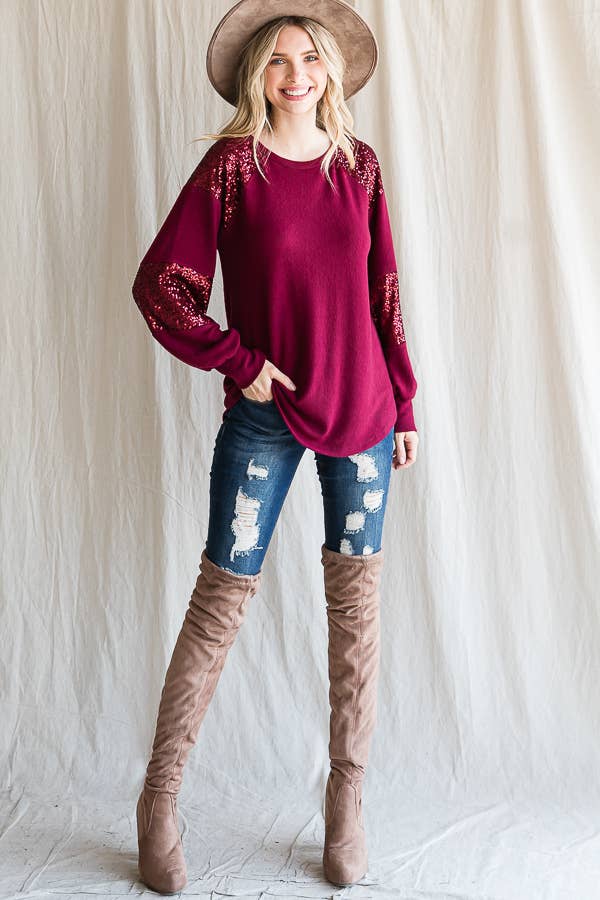 7th Ray - Wholesale Knit Top - Women's - Women's Casual Brush Knit Top with Sequin Contrast T439916