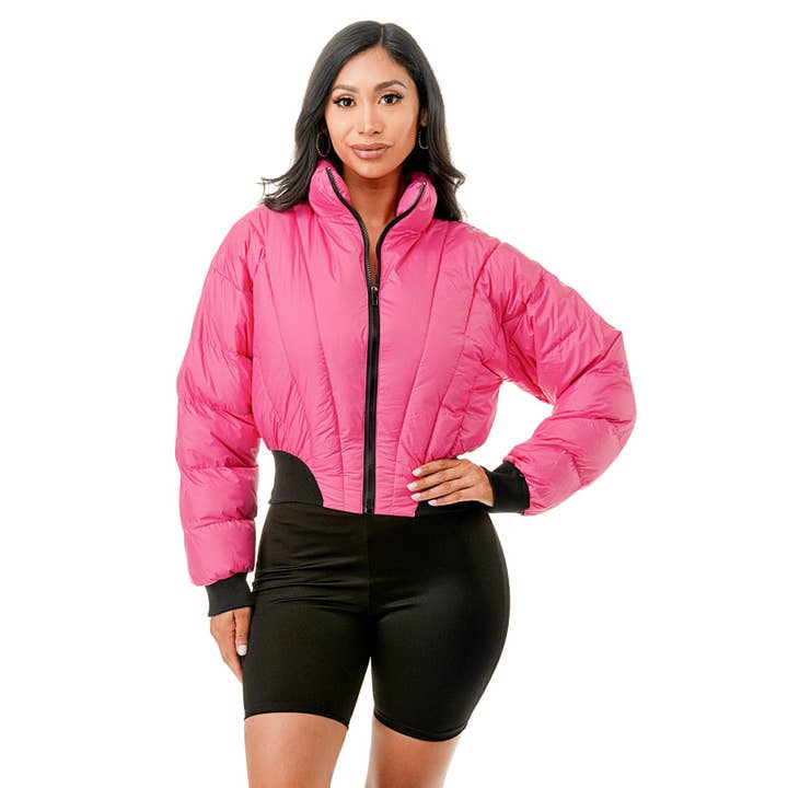 Stand Collar Front Zip Closure Puffer Jacket for wholesale by Black Pearl Clothing