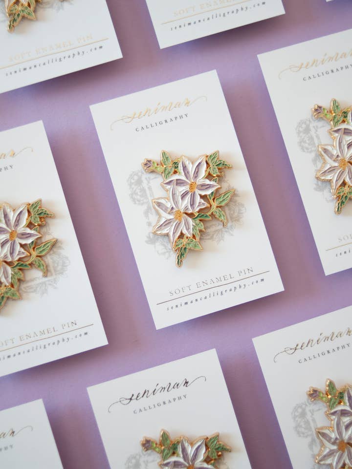 Clematis Enamel Pin for wholesale by Seniman Calligraphy