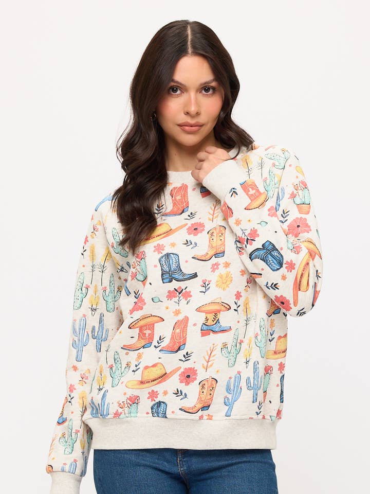 FLORAL COWBOY BOOTS AND HATS PRINT SWEATSHIRT for wholesale by SM WARDROBE