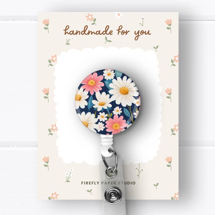 Navy, Pink & White Daisies Badge Reel for wholesale by Firefly Paper Studio, LLC