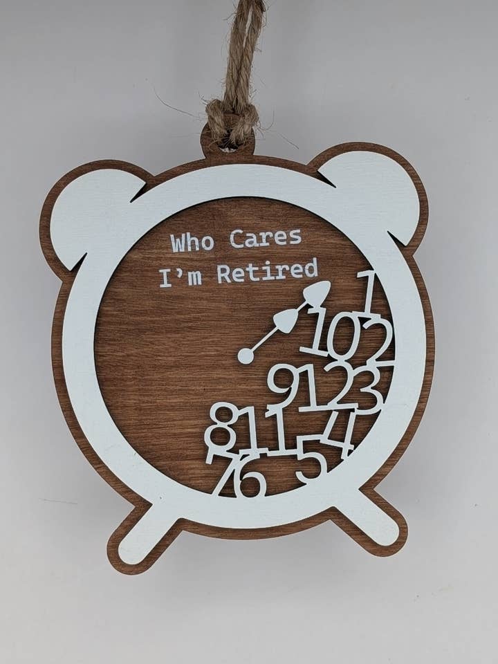 Who Cares I'm Retired Christmas Ornament for wholesale by The Little Ornament Shop