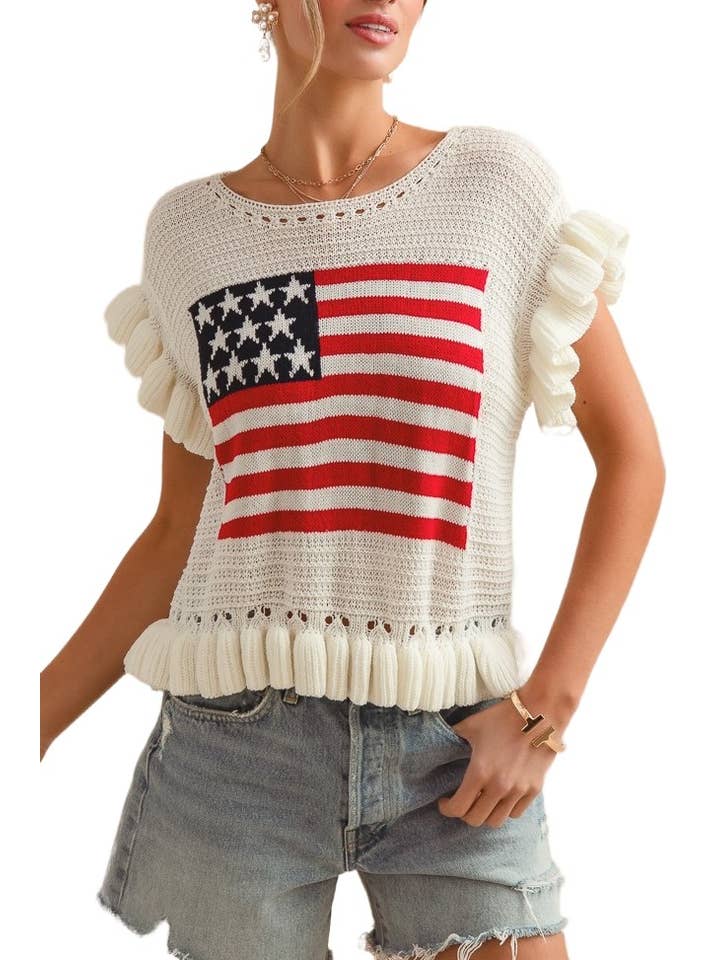OFF WHITE Fourth Of July Stars American Flag Sweater Top for wholesale on Faire