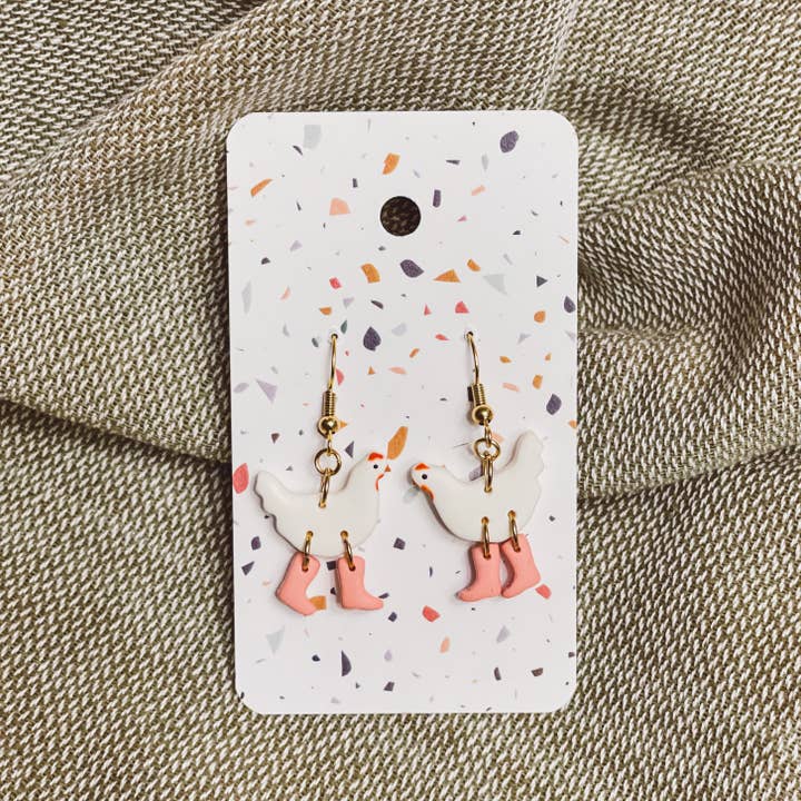 Sydni Carlson Art - Wholesale Dangle Earrings - White Chickens with Boots Earrings