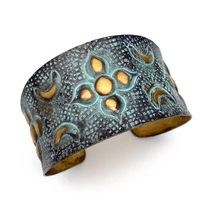 Brass Patina Bracelet - Aqua and Brown Arabic Flower for wholesale by Anju Jewelry