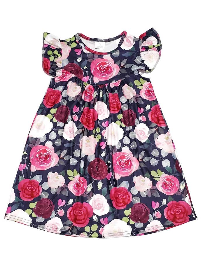 Mørk Farve Rose Blomstret Mælk Silke Flagrende Kjole for engroshandel hos Great Lakes Kids Apparel