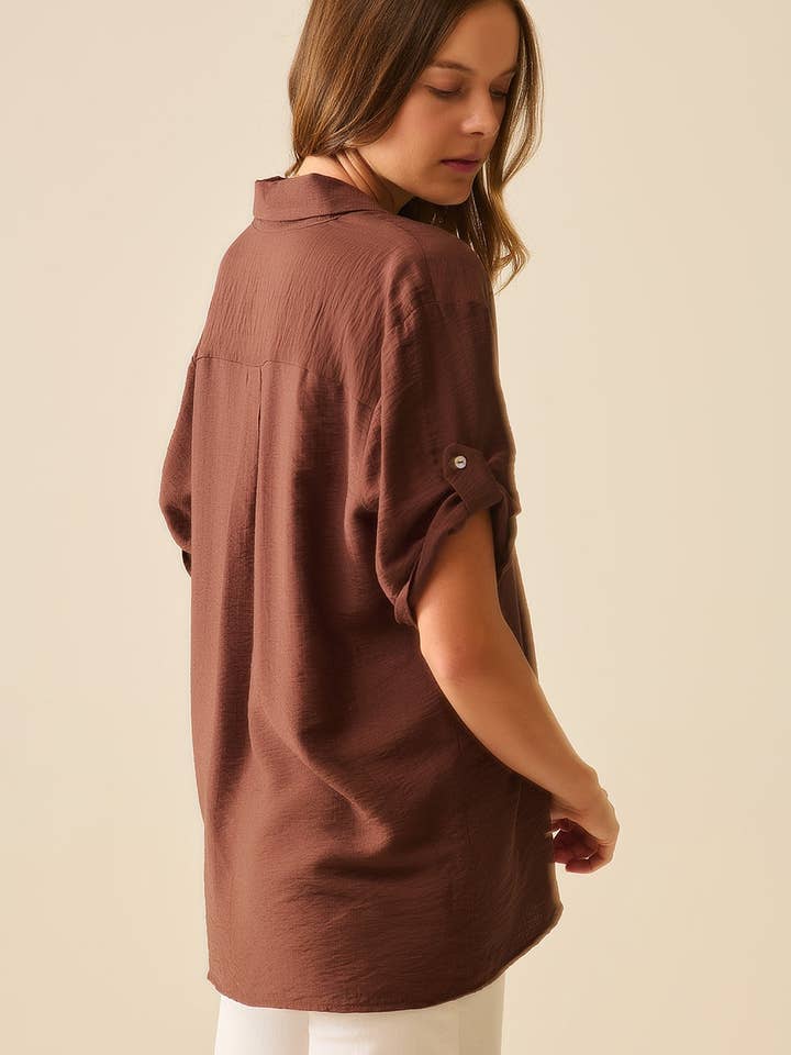 Chocolate Brown shirt with short sleeves and pleat on the sleeve for wholesale on Faire5