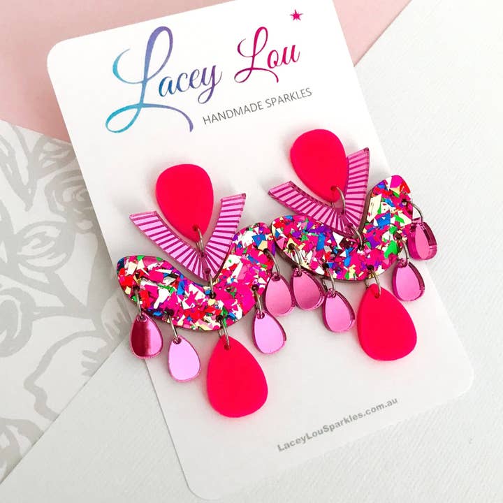 Pink Multicolour Chandelier Dangles - Statement Acrylic Earrings for wholesale by Lacey Lou Sparkles
