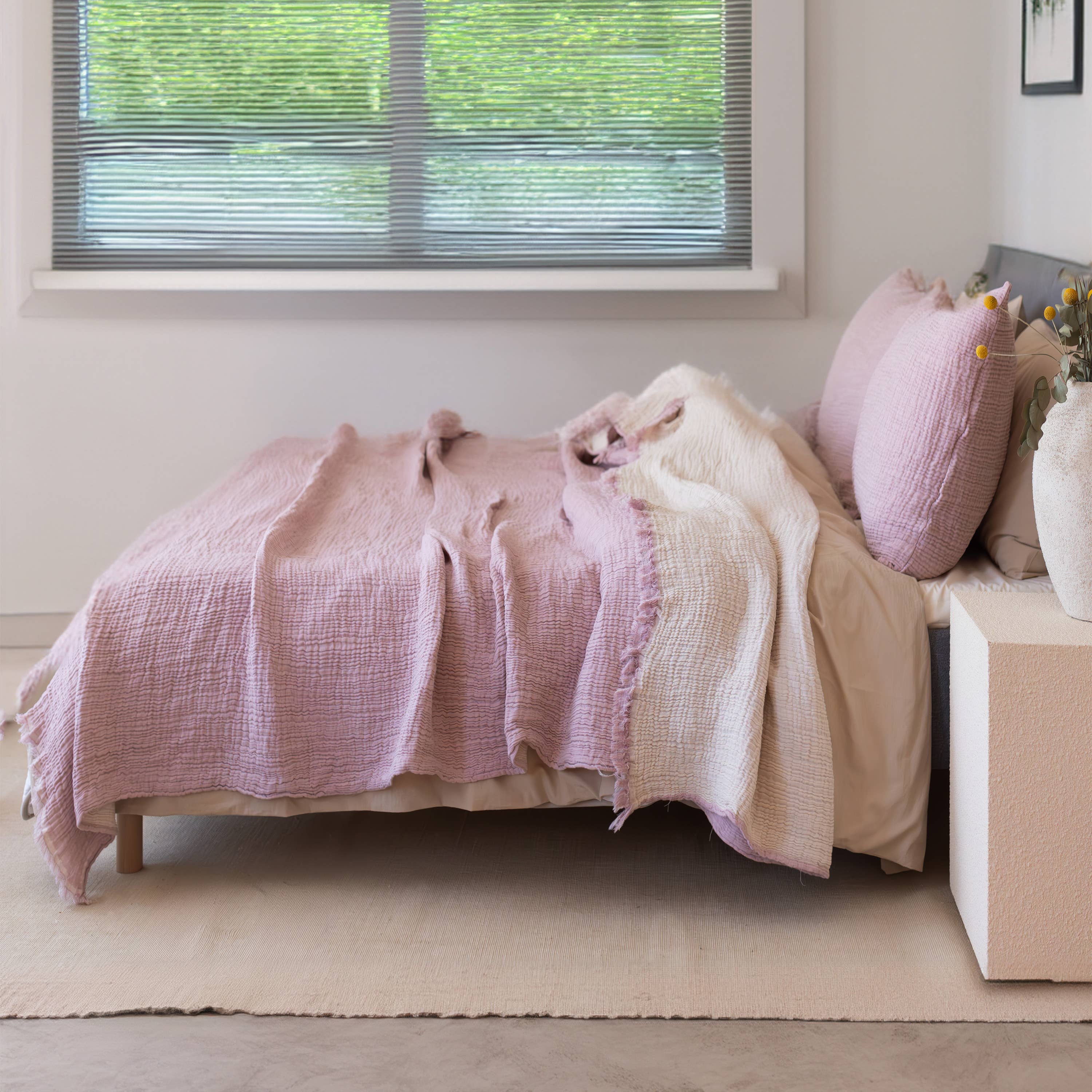 Vivamaison - Vente Plaids - Couvre-lit en mousseline frangé 100 % coton doux, 4 couches premium97