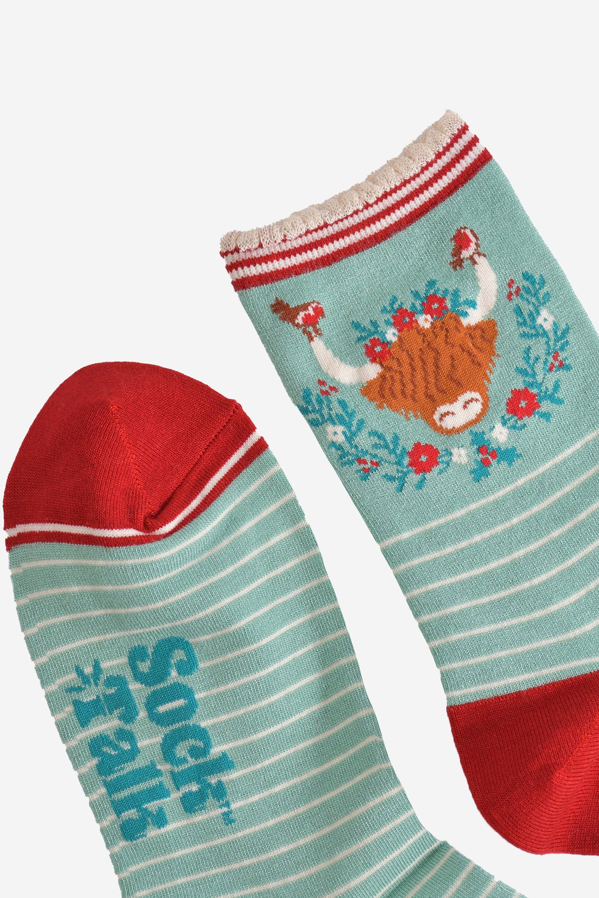 Sock Talk – wholesale Socks – Women's – Women's Bamboo Socks - Green/Red, Christmas Highland Cow3
