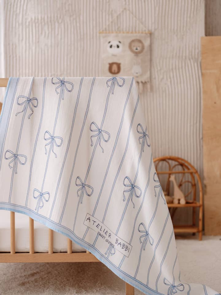 Double-Layer Muslin Blanket - Ribbon/Blue for wholesale by Atelier Babbi