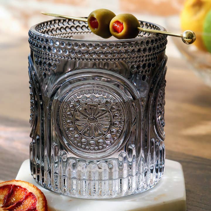 10 oz. Ribbed Retro Arch Floral Smoke Grey Drinking Glasses (Set of 6) for wholesale by Kate Aspen