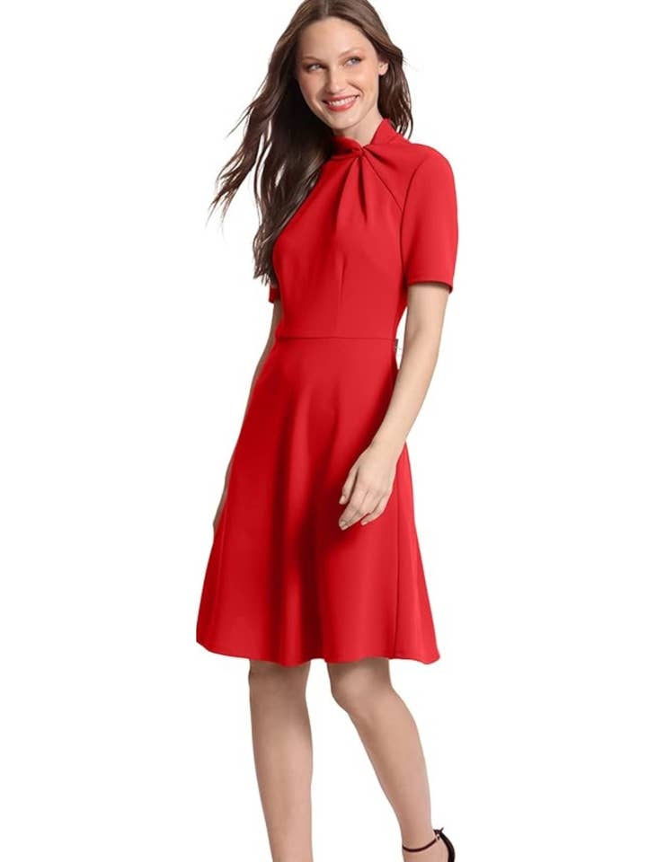 Donna Morgan Twist Mock Neck A-Line Dress for wholesale by New Yorker's Apparel
