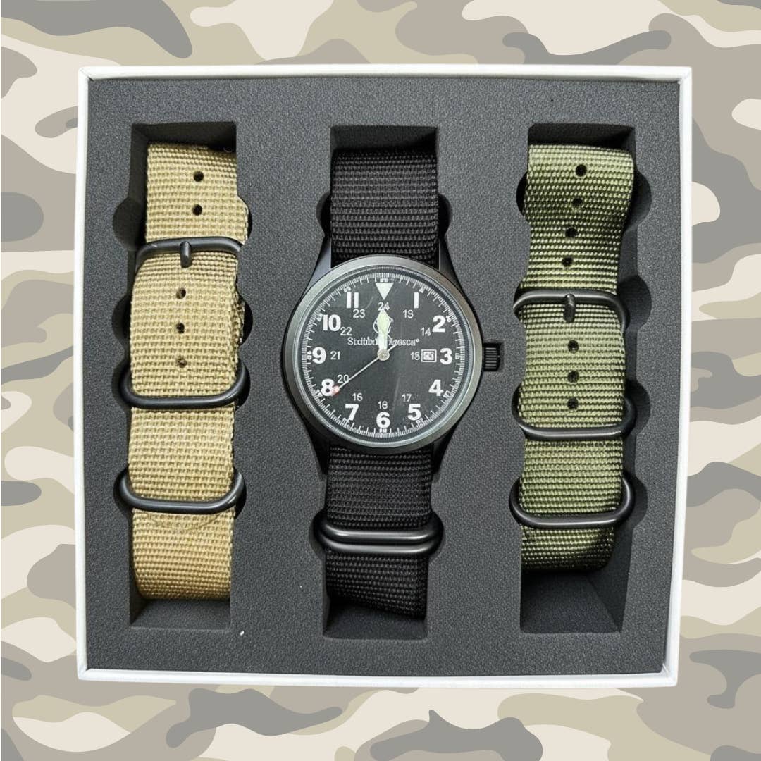 CALIBER GOURMET / CAMPCO - Wholesale Wrist Watch - Men's - 42MM Black Military Watch- 3 Nato Military Straps