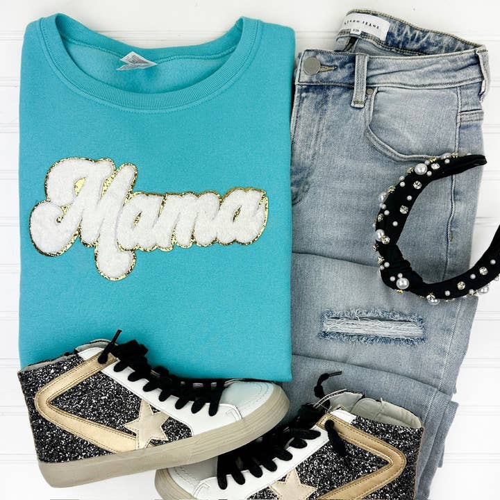 Weißes Jersey-Sweatshirt mit Mama-Patch aus Chenille für den Großhandel von Nikkilynn Wholesale