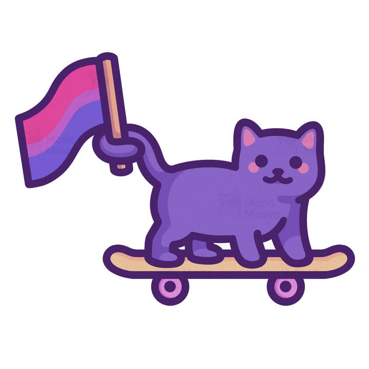 Bisexual Pride Sticker | Bi Flag Cat on Skateboard for wholesale by Mona Mauve • Silly Art!