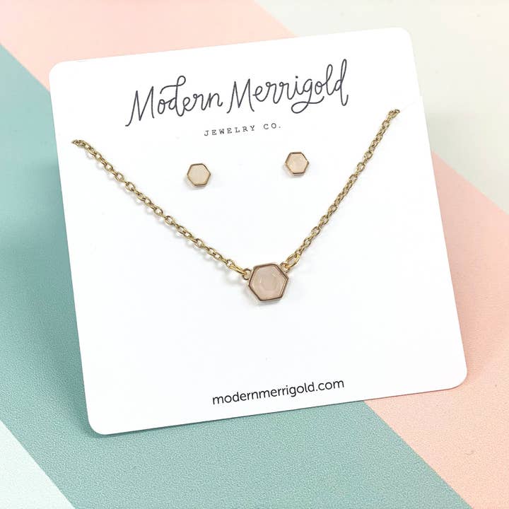 Hexagon Necklace & Earring Set in Rose Quartz for wholesale by Modern Merrigold Jewelry Co