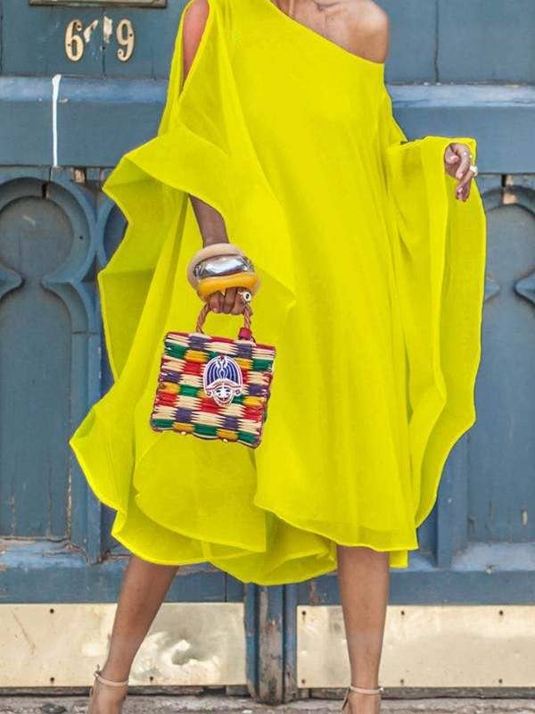 Robe mi-mollet asymétrique en chiffon à manches chauve-souris et une épaule pour la vente par Queen Fashion