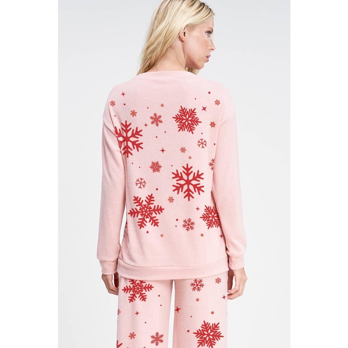 Phil Love - Vendita all'ingrosso Completo top e pantaloni (NON loungewear) - Donna - Set di abbigliamento da salotto in morbida spazzola Snowflake Allover1