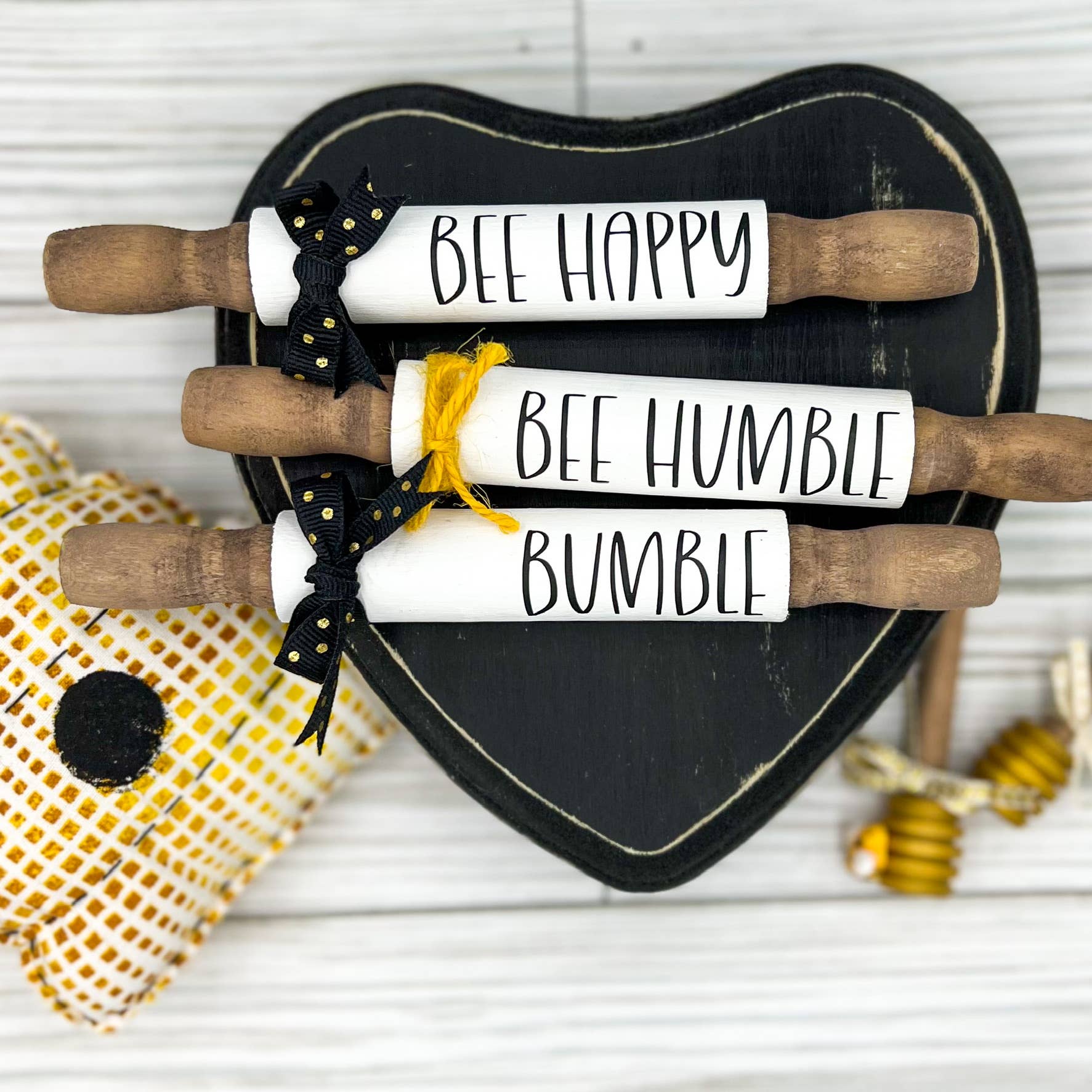 Ruaille Buaille Co – wholesale Decorative tabletop object – Honey Bee decor | Summer tiered tray | Mini rolling pins0