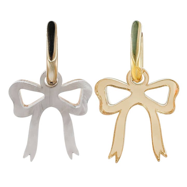 Giant White and Gold Reversible Bow Earrings | Huggie Hoops for wholesale by Weezy Pop