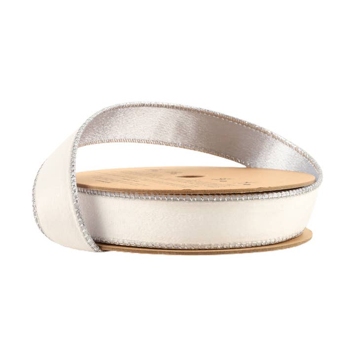 1" Reversible Classic Velvet Wired Ribbon | White/Silver | 10 Yard Roll for wholesale by LA Ribbons Wholesale