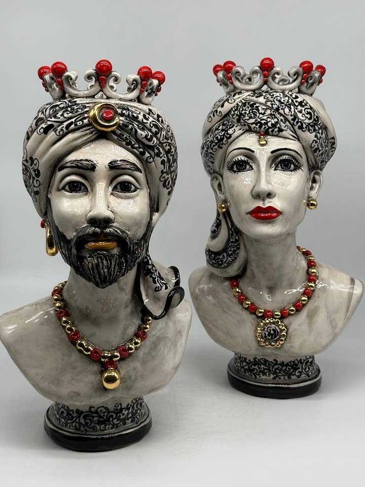 Halvbyst Keramik Caltagirone cm H.36 L.22 Hantverk Dekor '600 Svart Röd Guld för wholesale av DD Ceramiche Siciliane