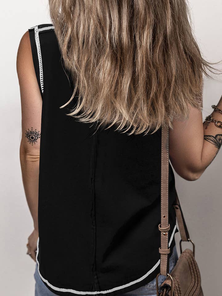Lovesoft - Wholesale Tank Top - Women's - Contrast Stitching Exposed Seam Henley Tank Top