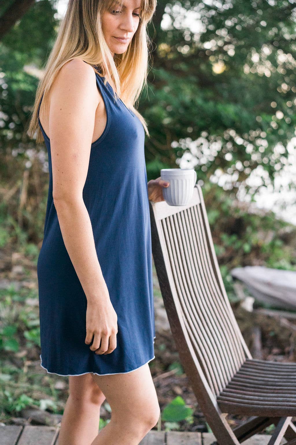 Mimi Island Loungewear - Wholesale Nightgown - Women's - The Island Nightdress - Bay Blue (Dark Blue)/White Trim1